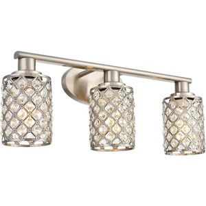 Modern Farmhouse 3-Light Bathroom Vanity Light Fixtures in Brushed Nickel - Crystal Vanity Lighting for Powder Room and Over Mirror