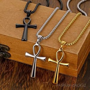 Hip Hop Couple Necklace Jewelry Stainless Steel Sweater Chain Popular Tri-color Cross Ankh Necklace for Women Men