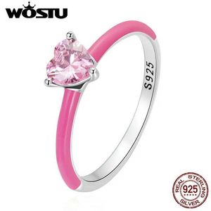 Anéis de banda Wostu 100% 925 prata esterlina prata elegante em forma de zircônia em forma de coração rosa para feminino azul zirconia anel S925 jóias requintadas j240410
