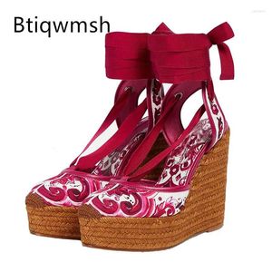 Sandals Blue And White Porcelain Woman Round Toe Red Real Leather Weave Platform Wedges High Heels Lady Sweet Party Shoes