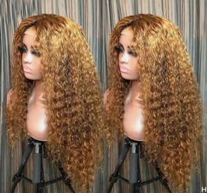 Bouncy Curly Ombre Honey Blonde spetsar främre mänskliga hår peruk med babyhår silk bas full spets peruk curl pannband peruk 360 frontal7763835