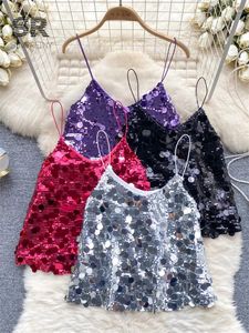 Женские танки Singreiny Sequines Sexy Club Camisole Женщины Элегантная твердая мода без спины 2024 Высококачественные дамы Свободный случайный блестящий танк