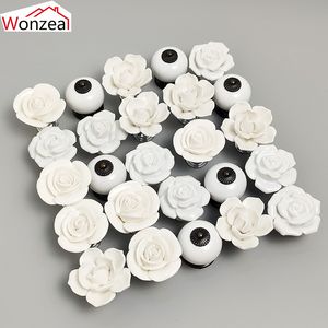 6PCS White Rose Ceramic Handles Cupboard Cabinet Door Knobs Kitchen Drawer Closet Pulls Furniture Handles With Screw