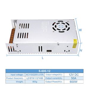 110/220V AC to DC 12V 50A 600W Converter Switch Mode Power Supply LED Lighting Transformer Drive Adapter AC/DC-enclosed SMPS