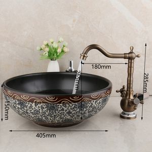 YANKSMART Art Round Ceramic Vessel Bathroom Basin Sink Antique Brass Faucets Kit Cold And Hot Mixer Water Tap With Pop-up Drain