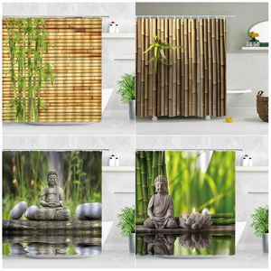 Zen Green Bamboo Buddha duschgardin landskap vatten ljus sten lotu växt trädgård landskap vattentät badrum gardin skärm