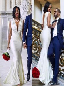 2019 Mondern Sexy Design Mermaid Wedding Dress Sexy Black Girl Backless Deep V Neck Pleats Floor Length Long Bridal Gowns Custom P1960492