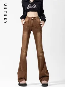 Dżinsy damskie Ueteey Brown High Flare Curne Pants Spodnie Streetwear Spodery Y2K moda 2024 Vintage Slim Denim Mom