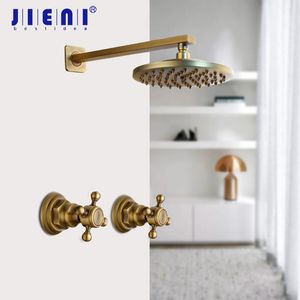 JIENI 8 inch Antique Brass Round Wall Mounted Bathroom Rainfall Shower Faucet Set Head 2 Handles Shower Shower Set Black ORB