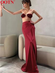 Kjolar elegant röd trumpet hög midja street mode satin lång kvinna 2024 sommar golvlängd kvinna kjol fast