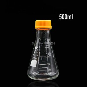 1pcs borosilosicate glass conical flask مع سعة الغطاء الحلزوني الأصفر 250/500/1000/2000 مل حاوية زجاجية مختبر