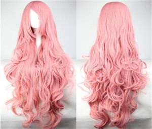 Frauen harajuku haariere Ombre Pastell Lange rosa wellige Curly Perücken schrägen Bang 100 cm Cosplay hitzebeständiger synthetischer Wigs7516778