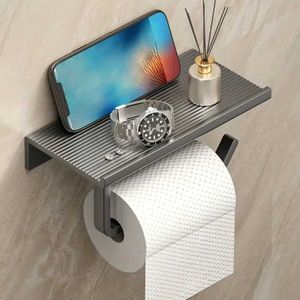 Toilet Paper Holders Self Adhesive Toilet Paper Holder Punch Free Wall Mounted Phone Storage Rack Space Aluminum with Phone Shelf Tissue Roll Holder 240410