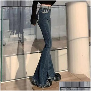 Womens Jeans 2023 Autumn Black Flare Denim Pants Women Korean Fashion Tassel Design Wide Leg Woman American Retro High Waist Trousers Dhize