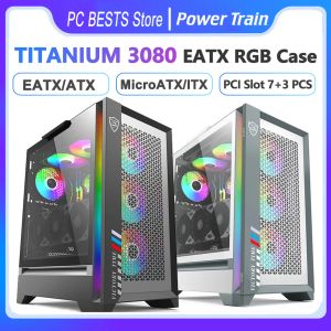 Towers Power Train Titanium 3080 Fall MATX/ITX Desktop Game Computer Chassis Eatx Stütze 360 Wasser gekühltes Seiten transparenter RGB -Hülle