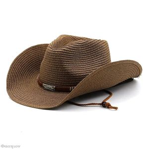 Klasik kayış hasır şapkalar kovboy şapka erkek kadın retro batı binicilik ayarlanabilir unisex geniş ağzı basit serin 240410