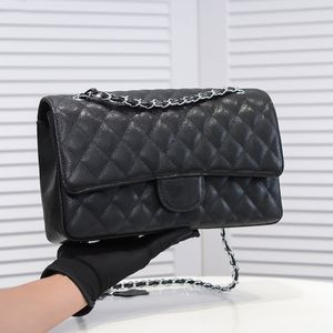 Fransa Kadın Klasik Jumbo Çift Flep Cavi Deri Deri Buzağı Torbaları Gümüş Metal Donanım Matelasse Zincir Crossbody Omuz Çoklu Pochette Çantaları 30x18x8cm