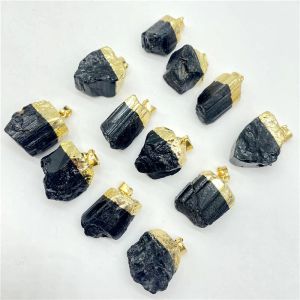 Nova gemia natural pedra preta de minério de minério de minério turmalina de forma dourada de forma pendente Reiki de jóias de energia de cura fazendo colar 12pcs