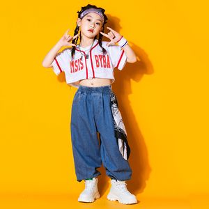 子供ジャズコスチュームガールズヒップホップダンス服半足トップスーツルーズジーンズストリートダンスパフォーマンスステージwear bl8137