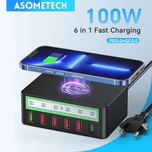 Laddare 100W USB PD QC Charger Adapter Wireless Charger 6 Ports Fast Charging Station för iPhone 14 13 12 Pro Max iPad, Samsung Huawei