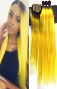 Ombre Brazilian Straight Hair 3 Bundles Deal With Lace Closure Remy Human Hair Bundles With Closure Colored 1BYellow Orange Dark 5198446