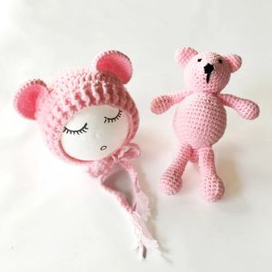 Neugeborene Baby Hüte Fotografie Requisiten Mädchen Jungen Häkelte Strickkostüme Kappen mit Ohrbär Spielzeughüte 2pcs süße Geschenke für Baby