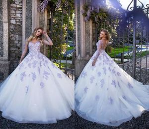 Vestidos de noiva Novos encantadores corpos de ilusão de lavanda Uma linha Vestidos de noiva 2021 Mangas de pescoço transparente Lace Aplique a praia Weddi36661846