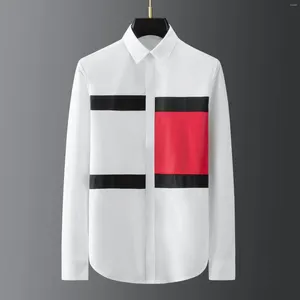 Men's Casual Shirts Geometric Contrasting Color Patchwork Long Sleeved Shirt Collar Woven Ribbon Decoration Business