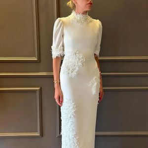 White Sheath Short Mother of the Bride Dresses High Neck Short Sleeve with Flower Prom Gown Pearls Column Wedding Guest Dress