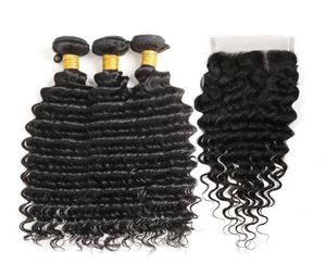 Loose Deep Wave Virgin Human Hair Extension Bundle With 4x4 Lace Closure Natural Color Wet And Wavy Weave Mink Brazilian Curly Bun3486335
