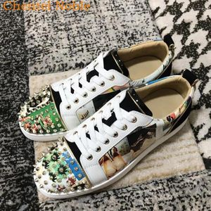 Casual Shoes Brand Chentel Comfortable Random Pattern Spikes Fashion Men Party Dress Flats Lace-Up Patchwork Sneakers Big Size