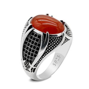 Czarny pierścień agatowy dla mężczyzn Pure Srebrny Vintage rzeźbiony z owalnymi dużymi kamiennymi kamiennymi pierścionkami męskiej Pierścienie Biżuteria