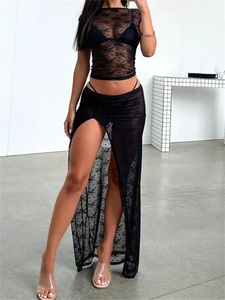 ChronStyle Women Lace Mesh durch 2pcs Röcke Sets Y2K Rückenless Laceup T -Shirts Crop Tops Low Taille Split Clubr COwe 240401