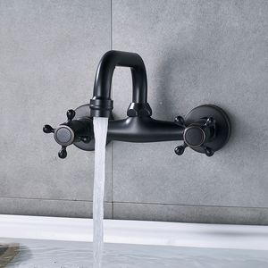 SHBSHAIMY ORB Black Basin Faucet 360 Swivel Spout Wall Mounted Faucet Dual Handtag Dual Holes Hot and Cold Water Mixer Tap