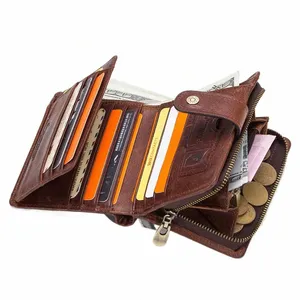 Contact's echtes Leder -RFID Vintage Wallet -Männer mit Münztaschen -Kurzwallets kleiner Reißverschluss Walet mit Kartenhaltern Mann Geldbeutel A7YF#