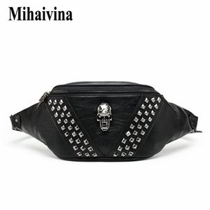 Mihaivina punk rebite crânio Men Bag Women Women Black Fanny Pack Leather Chest Female ombro Mensageiro Bum S 2202162836