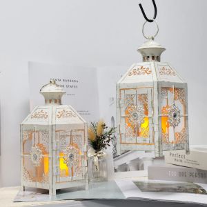 2Pcs Vintage Candle Holder White Lantern 9.5" High Metal Candle Lantern Hanging Lantern for Wedding Parties Home Decor