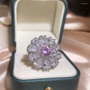 Cluster Rings Exaggerated Personality Cherry Blossom Zircon Ring Female 925 Silver Full Diamond Party Wedding Jewelry Gift