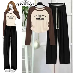 Women's Two Piece Pants Fashion Set Spring/Summer Long Sleeved T-shirt Raglan Contrast Top High Waist Wide Leg