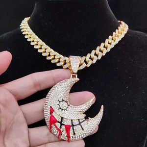 Pendant Necklaces Men Women Hip Hop Moon Necklace with 13mm Crystal Cuban Chain Hiphop Iced Out Bling Fashion Charm Jewelry 230613