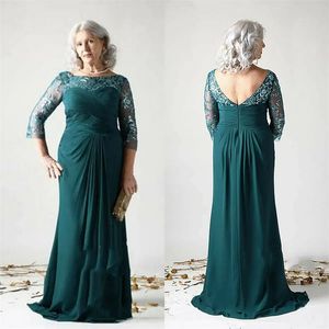 Elegant mörkgrön lång mamma till bruden klänningar spets applikationer ruched chiffong en linje plus size bröllop gäst klänning öppen baksida brudmamma formell slitage