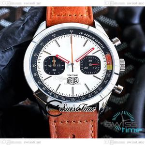 トップタイムDeus Miyota Quartz Chronograph Mens Watch A233101A1A1X1スチールケースホワイトブラックダイヤルスティックマーカーブラウンレザーストラップSTO197V