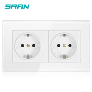 SRAN Wall Crystal Glass Panel 146*86 Multi Way Power Plug Grounded 16A EU Standard Electrical Outlet Double Socket Strip