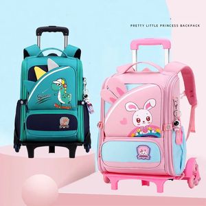 Fashion Cartoon Childrens School Bags with Wheeled Trolley Backpack Teenagers Girls Rolling Students Kids 240328