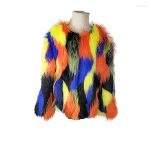 Jackor Fashion Girls Faux Fur Jacket Autumn Winter Colorful Cotton Toddler Baby Coat Patchwork O Neck Kids Ytterkläder kläder XMP209