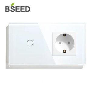 BSEED Touch Switch 1 Gang 1 Way 2 Way With EU Standard Socket Black White Gold Crystal Glass Panel Switches 16A
