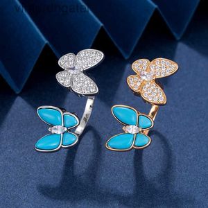 High End Vancefe Brand Designer Rings for Women V Gold Butterfly Turquoise Blue Double Butterfly Series Full Diamond Low Senior Brand Logo Designer Jewelry