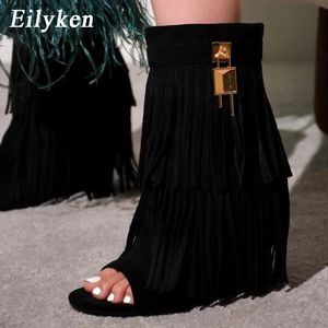 Eilyken Designer Fringe Boot Sandalet Kadın Yüksek Topuklu Açık Ayak Parti Balo Ayakkabıları 2024 Seksi Fermuar Kadın Pompaları 240328