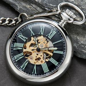 Antique Smooth Sier Skeleton Transparent Mechanical Pocket Watch for Men FOB Chain Hand Winding Reloj De Bolsillo 240327