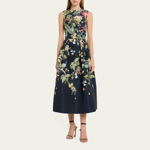 Marca de moda feminina Moda Black Floral Tripulação Pescoço Sleeseless Coloque Midi Dress Vestido Midi